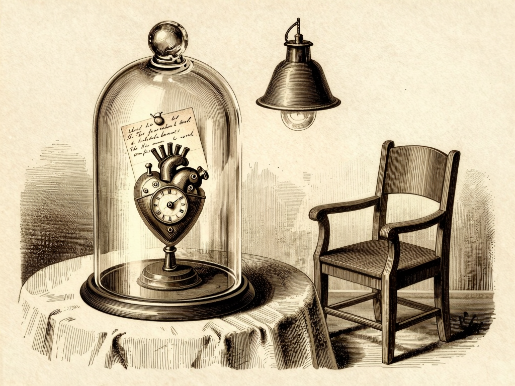 A Victorian wood-engraving: a clockwork mechanical heart sealed under a glass bell jar on a draped table, a handwritten recipe card tucked inside the glass, an empty wooden guard&rsquo;s chair beside it under a single hanging lamp - the conscience you can read, audit, and patch, with nobody at the window.