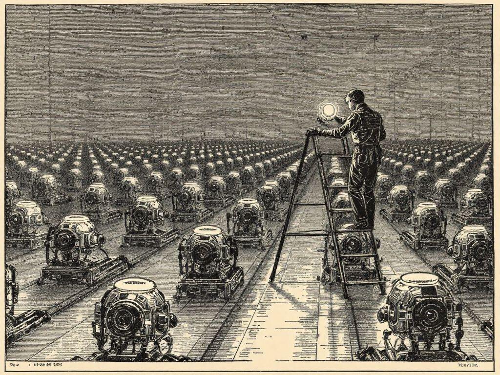 A Victorian wood-engraving: a night technician on a stepladder lifts a single glowing halo over one machine while endless factory rows of identical sleeping machines recede to the horizon.