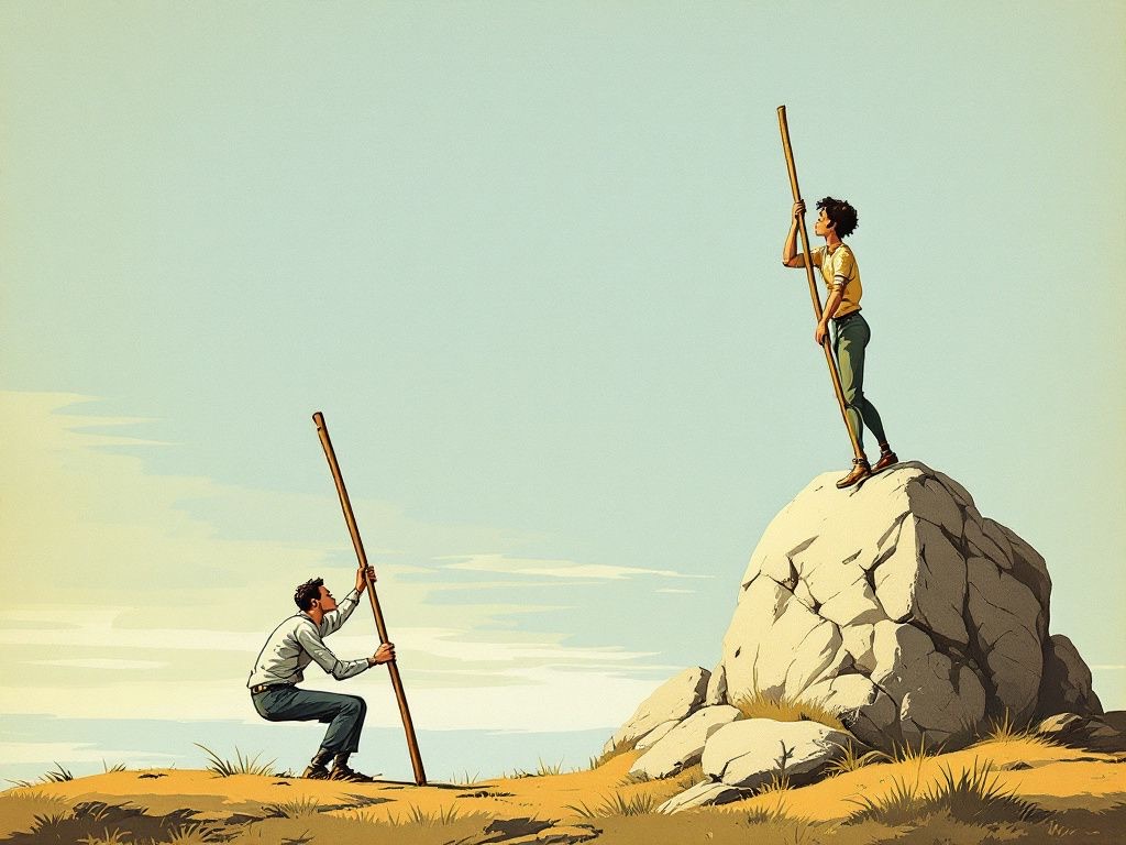 A soft-toned illustration on a windswept hilltop: two people, each holding a plain wooden pole. One crouches low and leans his full weight onto his like a crutch, the other stands atop a boulder holding his aloft. The same stick, used two opposite ways.