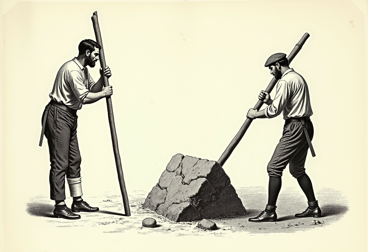 A Victorian wood-engraving: two laborers using the same plain wooden pole two opposite ways, one leaning his full weight onto it as a crutch, the other levering it against a great stone.
