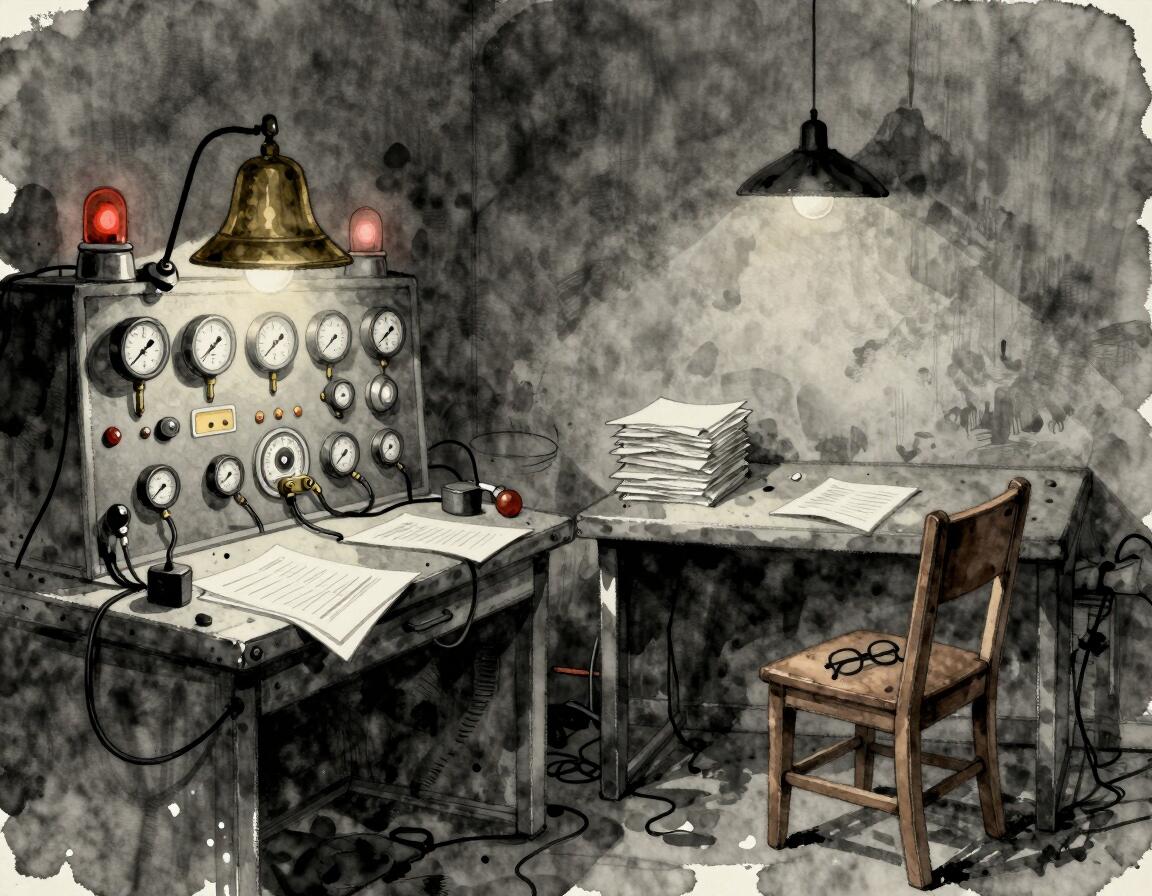 A moody ink wash in grays and deep blacks: two workbenches in a dim room. The bench on the left is crowded with pressure gauges and dials under a brass alarm bell and two red warning lamps, cables running down into the papers on its surface. The bench on the right holds a plain stack of documents and no instrument at all, lit by a bare hanging bulb, with a single empty wooden chair pulled up to it and a pair of reading glasses folded on the seat.