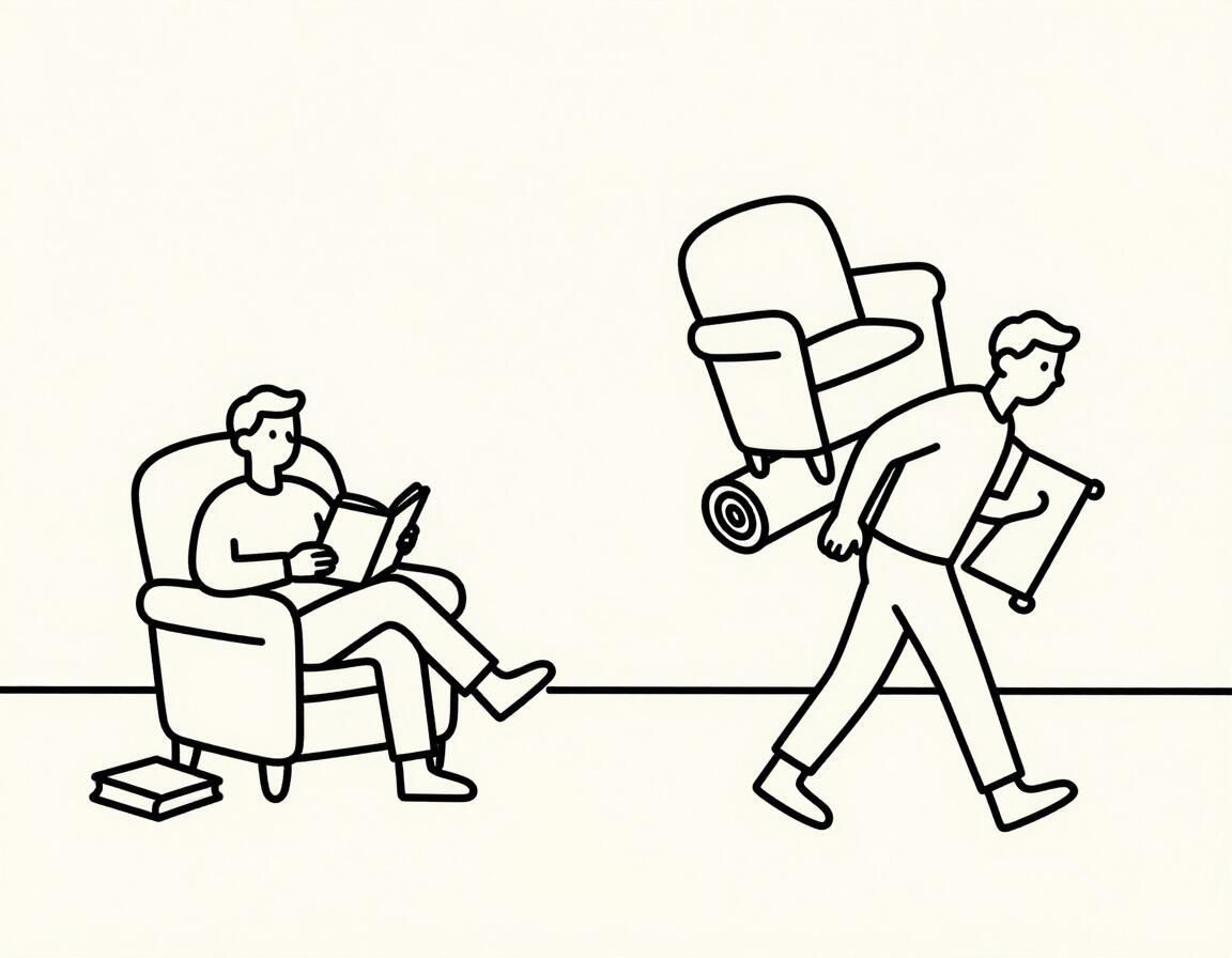 A continuous-line drawing in black on cream paper: the same man appears twice in one room with no wall between the halves. On the left he sits reading calmly in an armchair, books on the floor beside him. On the right that same man strides away carrying the armchair on his back with a rolled rug under one arm, and a single unbroken line runs along the floor through both halves.