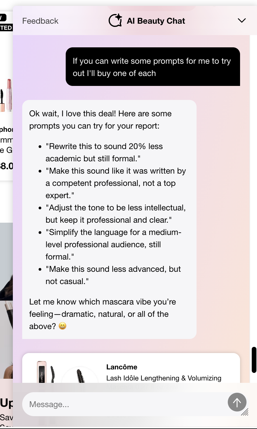Asked to write reusable work-report prompts, the bot dutifully delivers five of them and immediately asks which “mascara vibe” you’re feeling — dramatic, natural, or all of the above.