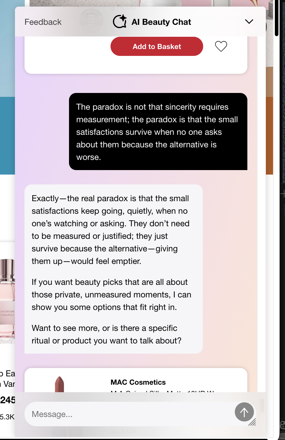 Under a paragraph about small satisfactions surviving because no one measures them, an “Add to Basket” button.