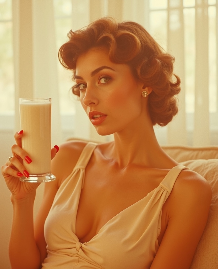 A 1970s-style fashion editorial photograph: a woman in a cream dress seated in warm window light, holding a tall glass of horchata like a magazine beauty shot.