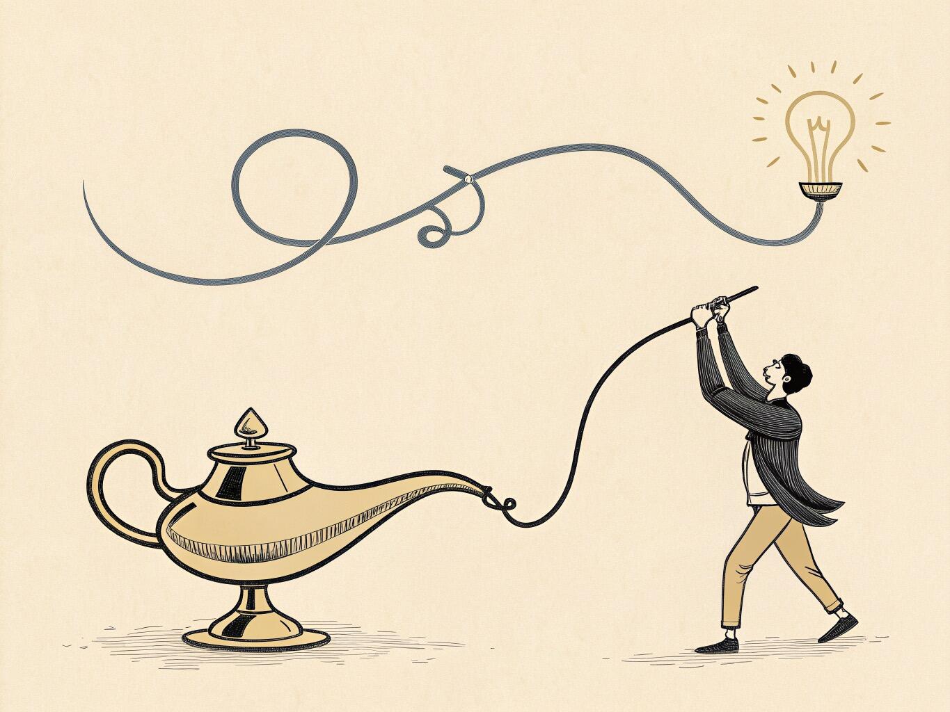 A continuous-line illustration on warm cream paper: a large brass genie lamp sits heavily on the ground while a man walks away holding a long cord that runs out of its spout, the cord looping up and across the page to a lit bulb hanging far off on the other side.