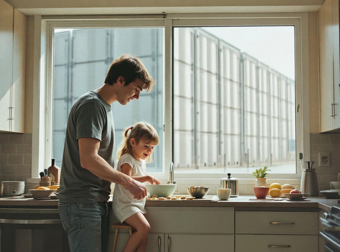 A warm, faded Kodachrome-style photograph of a suburban kitchen: a man in a grey t-shirt with tousled hair bakes cookies at the counter beside his small daughter, who stands on a little wooden stool. Filling the entire window behind them, close and enormous, is a vast windowless grey industrial building that blots out the sky.
