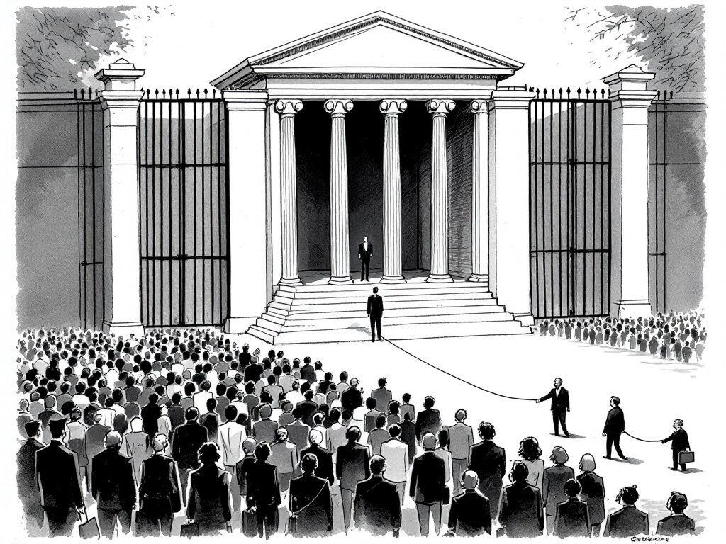 A black-ink and gray-wash cartoon panel: an enormous columned marble courthouse stands behind a tall iron gate, a single figure in a suit alone on its steps inside. Outside the gate an immense crowd waits, and in the foreground a few people hold leashes with small briefcase-carrying lawyers trotting along at their heels.