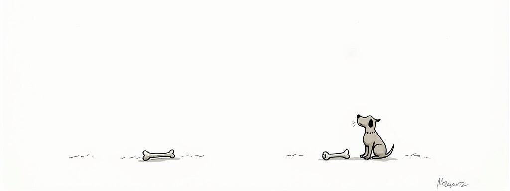 A wide, nearly empty ink-and-wash panel: at the far right a small dog sits upright on a bare floor, looking back over its shoulder; two plain bones lie on the ground, one close by and one far off to the left, with a great expanse of white between them.