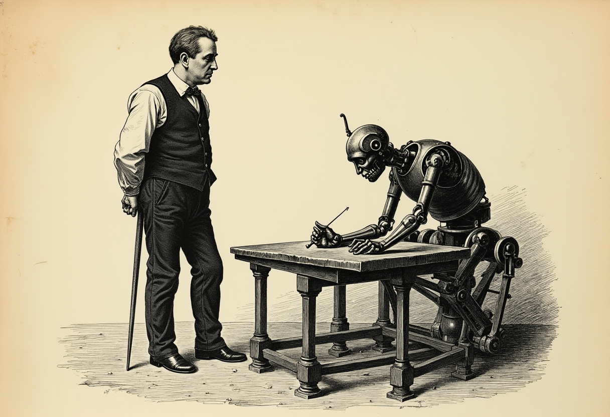 A Victorian wood-engraving: a master craftsman stands idle and sharp-eyed, hands clasped behind his back, judging the work while a brass automaton hunched at the bench does the typing.
