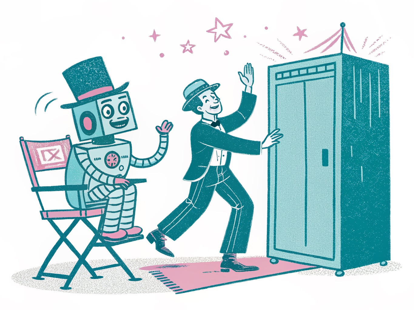 A teal-and-pink risograph: a top-hatted robot lounges happily in a director’s chair while a tuxedoed magician gestures toward an open stage cabinet mid substitution trick, stars and a little circus tent overhead.