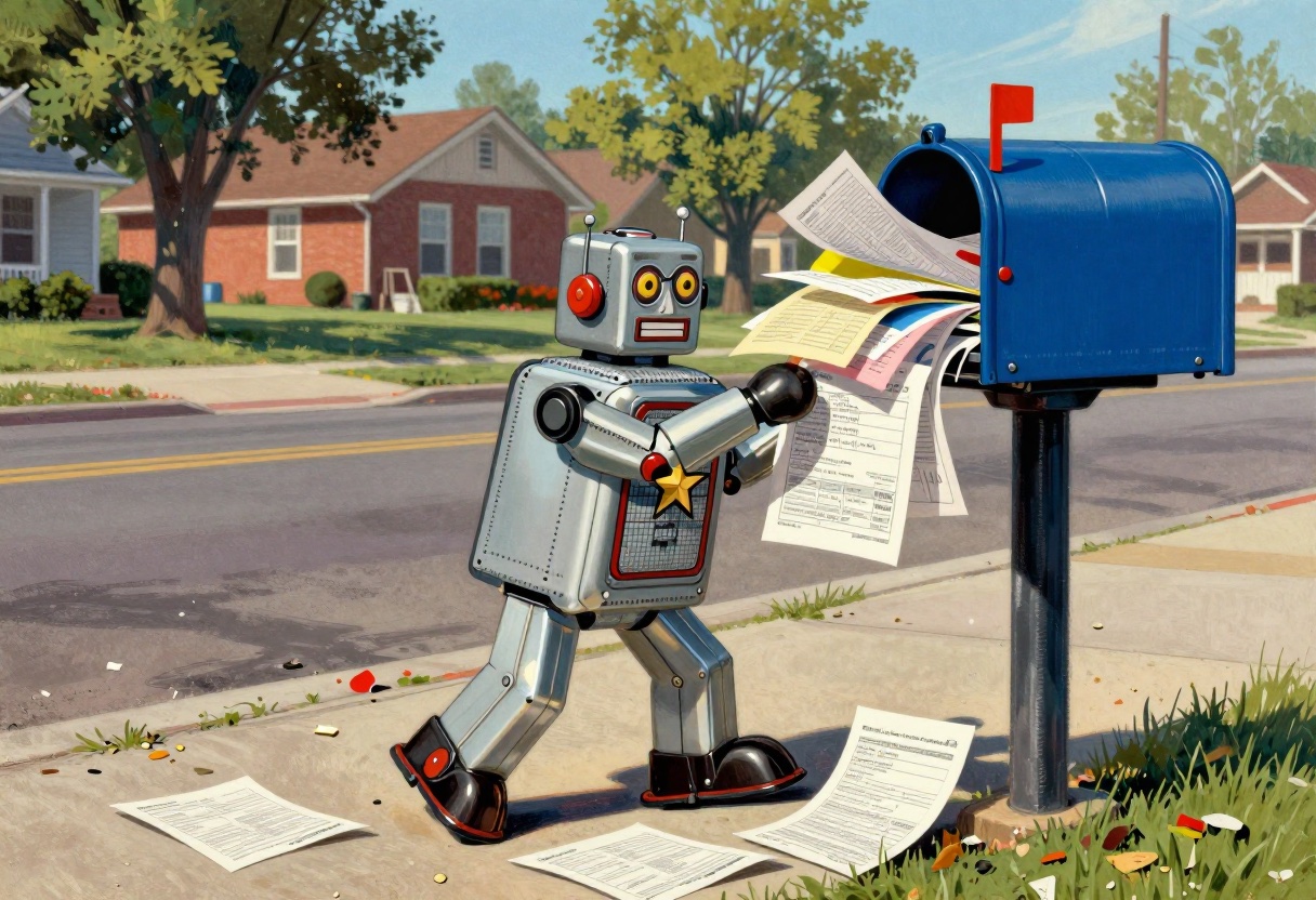A 1950s Kodachrome illustration of a tin toy robot with a gold star on its chest, stuffing a fistful of paperwork into a blue mailbox on a sunny suburban street, spilled forms on the sidewalk at its feet. Nobody said anything about forms.