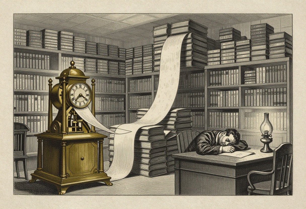 A Victorian engraving of a brass clockwork machine pouring paper tape onto ledgers stacked to the ceiling of an archive room, while a night clerk sleeps at his desk beside a lit oil lamp. The record was there the whole time.