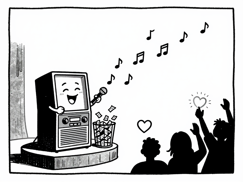A black-and-white magazine cartoon of a cheerful karaoke machine singing to a crowd while dropping scraps of paper into a wastebasket.