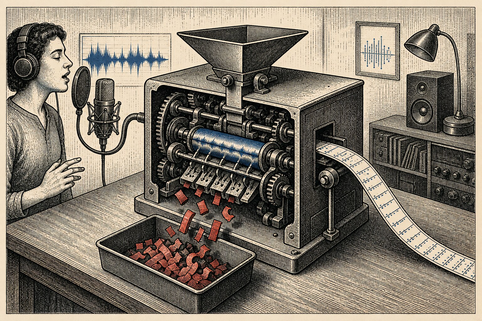 An engraved home-studio scene: a singer feeds a vocal into a large mechanical processor, which drops red fragments of words into a tray while sending a clean blue timing strip out the other side.