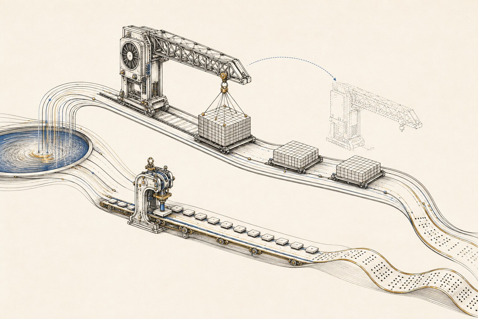 A continuous-line illustration of two machines sharing one source: a crane moves large grid-shaped blocks along an upper track while a smaller press processes a long row of tiny individual tiles below.