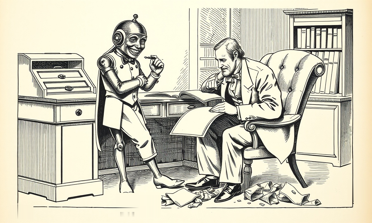 A Victorian wood-engraving: a grinning brass clockwork automaton in a bow tie stands beside a writing desk, wagging a pen in mock reproach, while a gentleman in an armchair reads back his own pages with a resigned look, crumpled drafts scattered around their feet - the review is correct and nobody is safe.