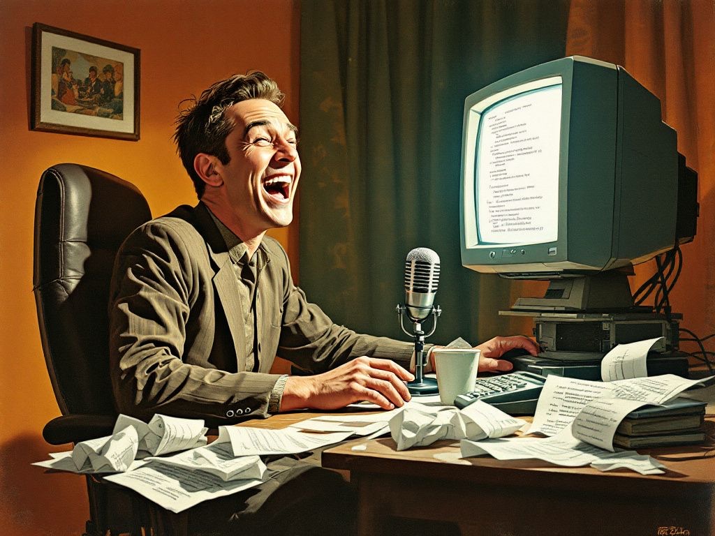 A warm painterly scene: a man cracks up laughing at his glowing CRT monitor, a vintage microphone and coffee mug on the cluttered desk, crumpled pages of code all around. The review is correct and nobody is safe.