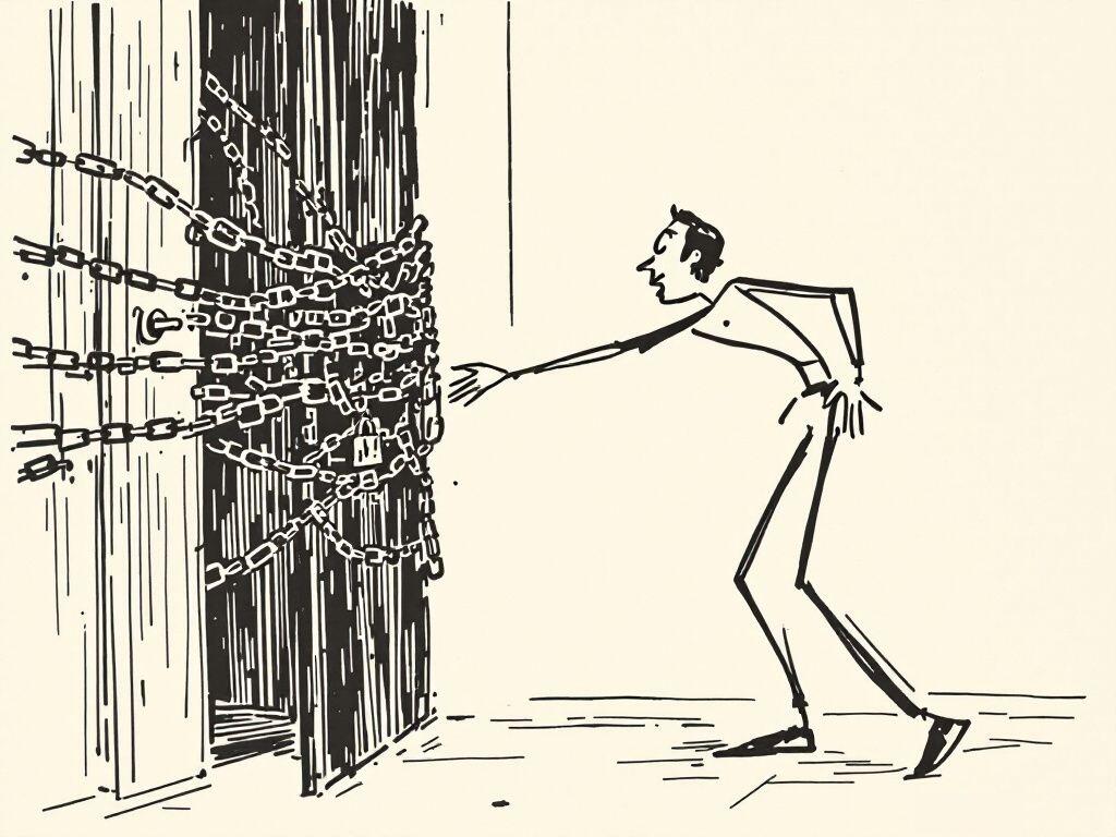 A pen-and-ink cartoon: a lanky, eager figure leans in and reaches for the handle of a tall door that is wrapped around and around in heavy chains and shut with a padlock. His whole body strains toward it. The door is not opening.