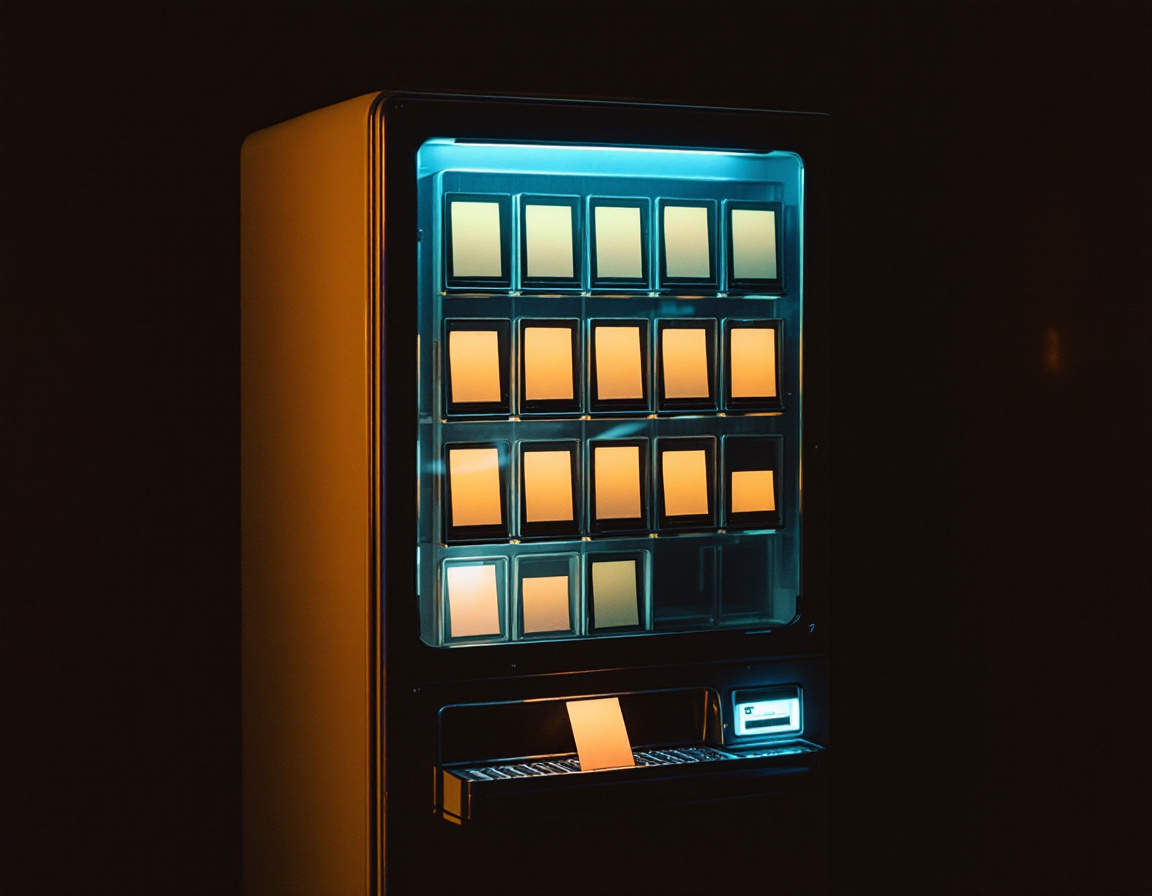 A Kodachrome-style photograph of a glowing vintage vending machine standing in a dark room. Behind the glass, every illuminated slot holds a small blank card standing on end instead of snacks. At the bottom, a single card has just dropped into the metal retrieval tray, lit warm against the teal glow.