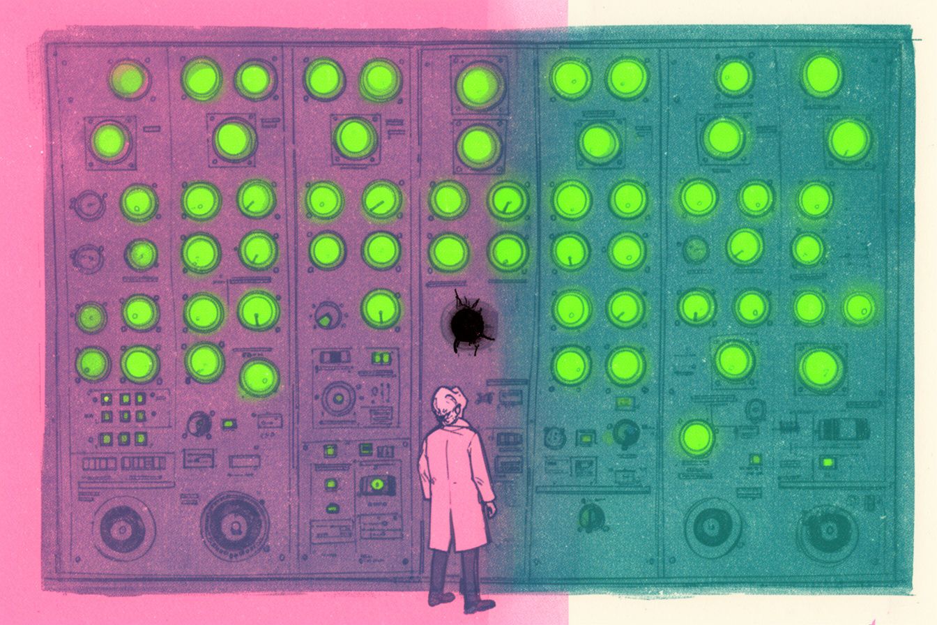 A pink and teal risograph print: a towering retro control panel with dozens of indicator lamps all glowing green, one dead black lamp in the middle, and a tiny figure in a lab coat staring up at the only one that matters.