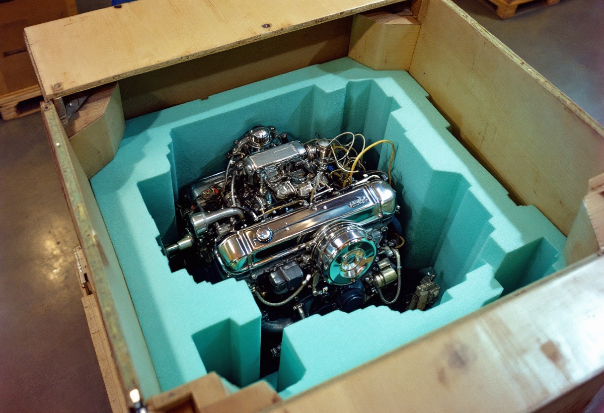 A mid-century catalog photograph: a chrome engine nestled in custom-cut teal foam inside an open wooden shipping crate on a warehouse floor. The official tarball, every part in its slot.