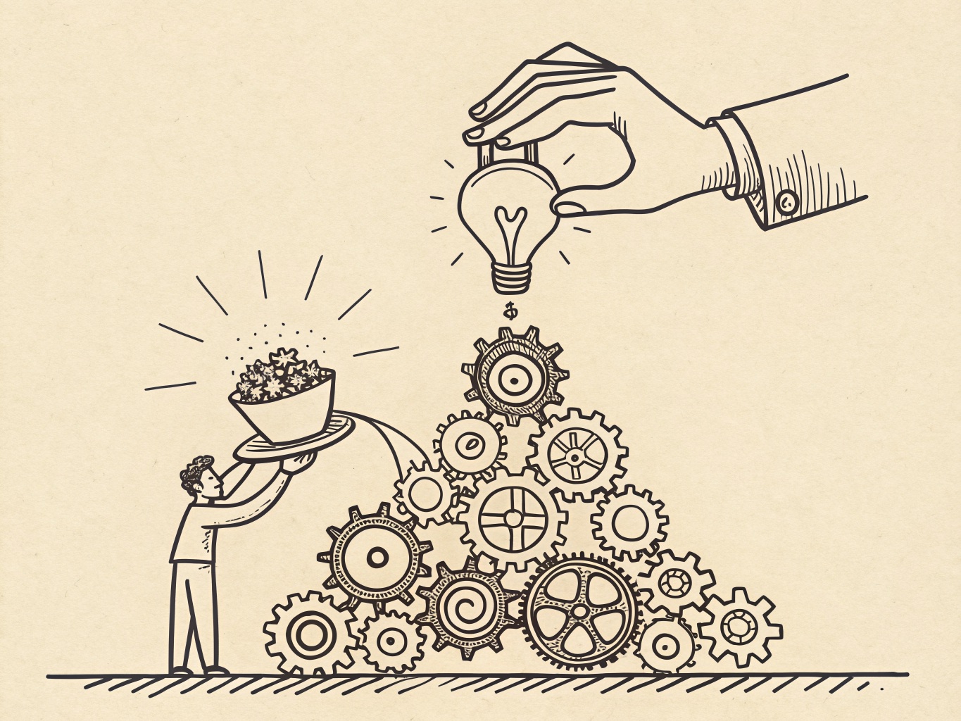 A single-line ink drawing: a small man tips a bowl of glowing stars onto a mountain of gears already taller than he is, while a giant hand lowers one more lightbulb onto the pile. No pair of hands is big enough.