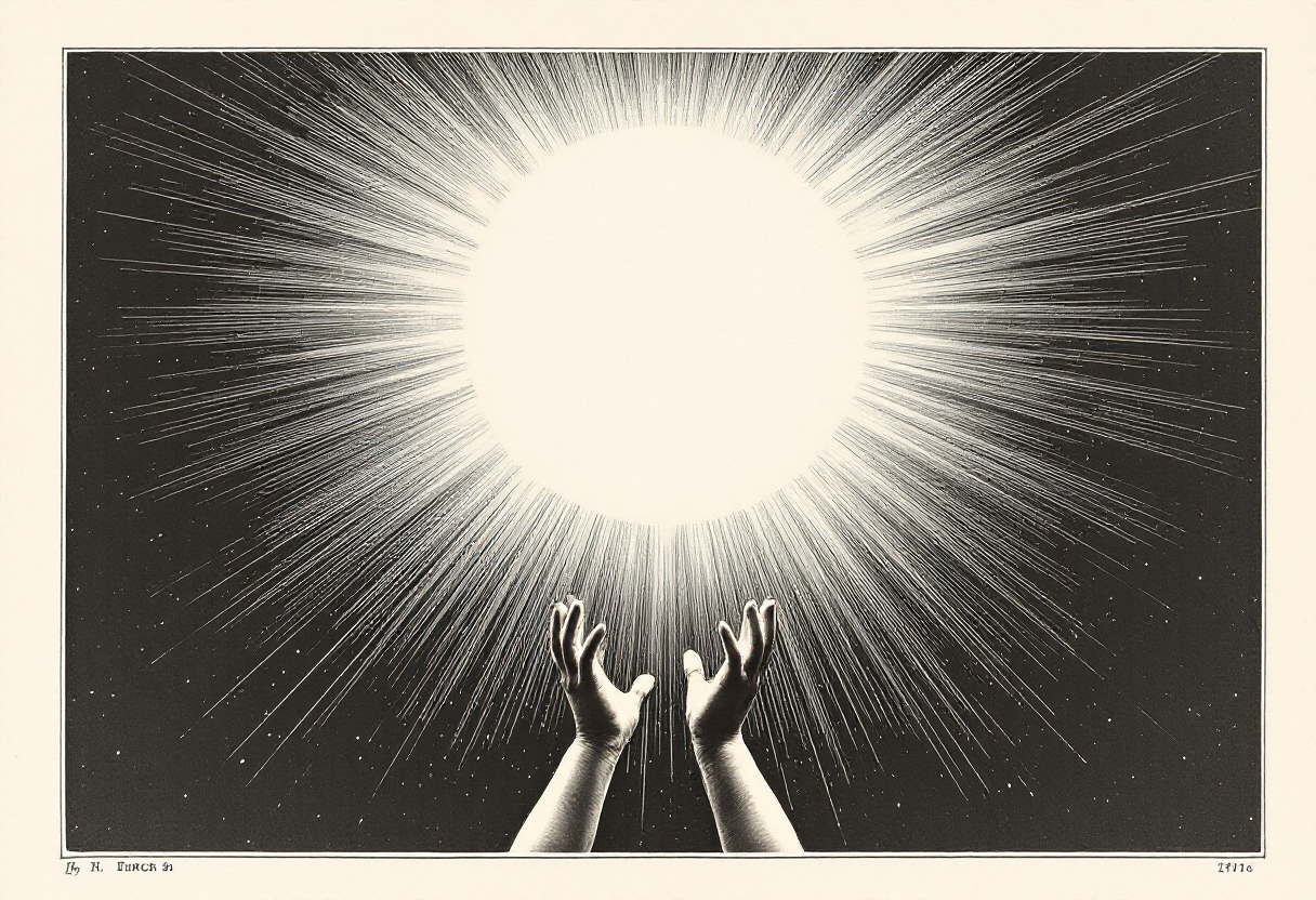 A vintage engraving: an infant&rsquo;s two tiny hands reaching up from below toward an enormous radiant orb of light far above them.