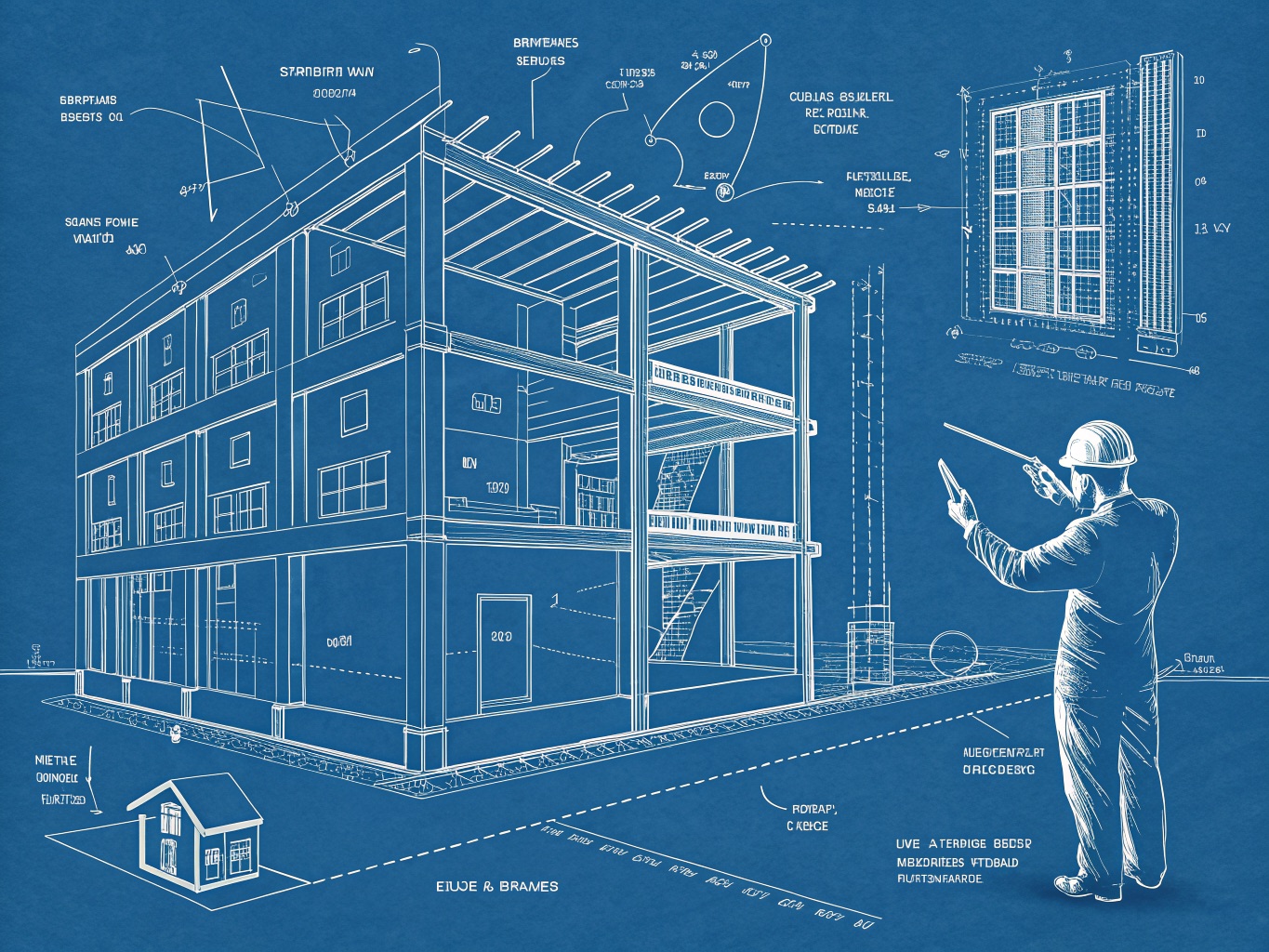 A cyanotype blueprint: a hard-hatted inspector points up at the cutaway framing of a large building under construction, dense annotations all around, a tiny finished house drawn small in the corner.