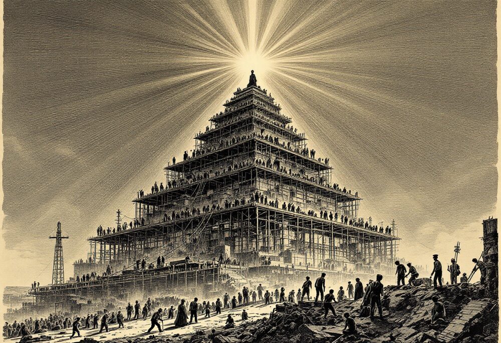 A vintage woodcut engraving: a vast tiered ziggurat under construction, crowds of small laborers toiling at its base hauling and wiring, while rays of light stream upward and concentrate on a single crowned figure seated alone at the distant summit.