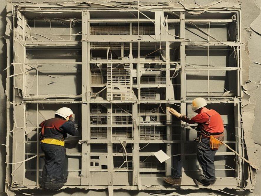 A gray paper-collage scene: two workers in hard hats wiring an enormous wall-sized grid of circuits and framing, torn-paper texture throughout.