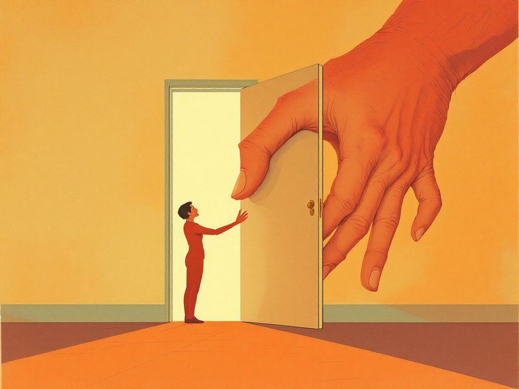 A warm mid-century illustration in Kodachrome colors: a small figure stands in a lit doorway with one palm raised against the door, while an enormous hand reaches in from outside and pushes the door closed on them. The figure is still standing in the gap.
