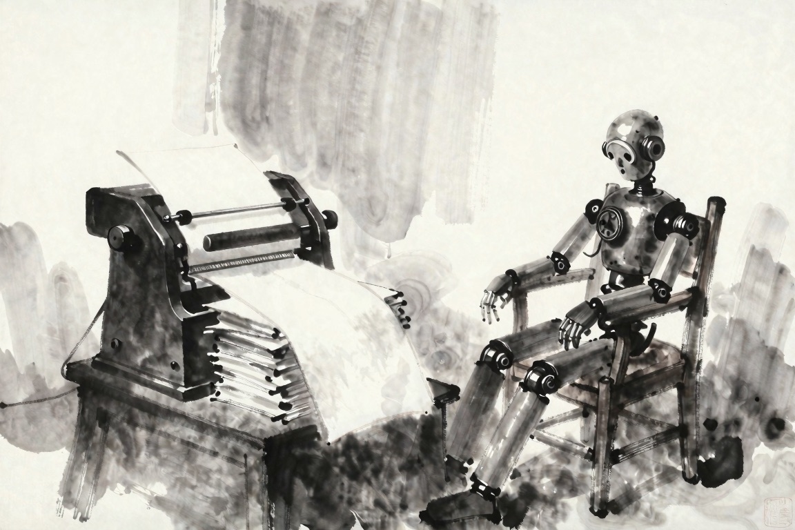 An ink-wash painting: an old printing press runs on by itself, finished pages stacking up beneath it, while beside it a switched-off humanoid automaton sits slumped and motionless in a wooden chair. The work keeps coming. Its maker has stopped.