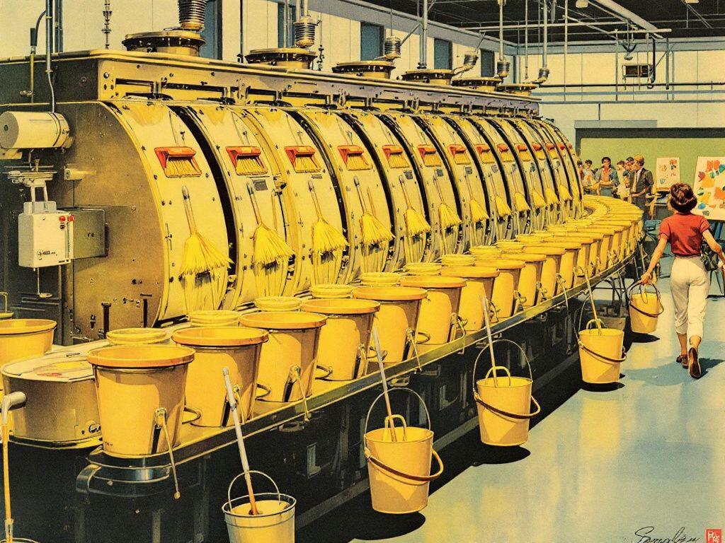 A vintage Kodachrome-style factory scene: a gleaming machine dispensing an endless row of identical yellow mops and buckets, while a woman carries one away down the line.