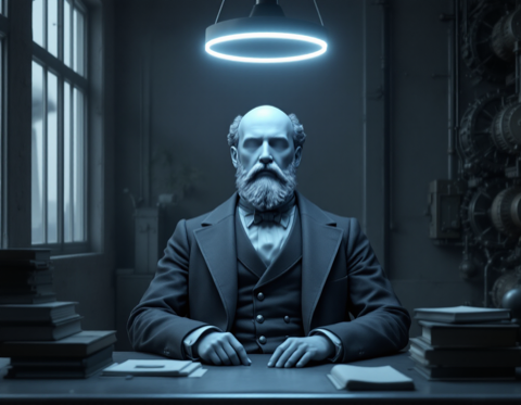 A grey-blue marble bust of a bearded Victorian scholar in a three-piece suit, seated at a desk piled with ledgers in a dim industrial workroom, crowned by a glowing neon halo - the patron saint of toil.