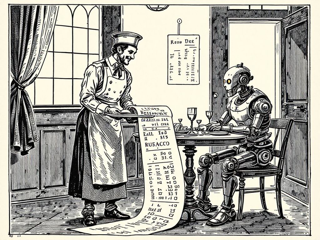 A Victorian wood-engraving: an aproned waiter presents a long itemized bill that unrolls across the floor to a metal robot seated at a restaurant table set with wine glasses. The bill comes due.