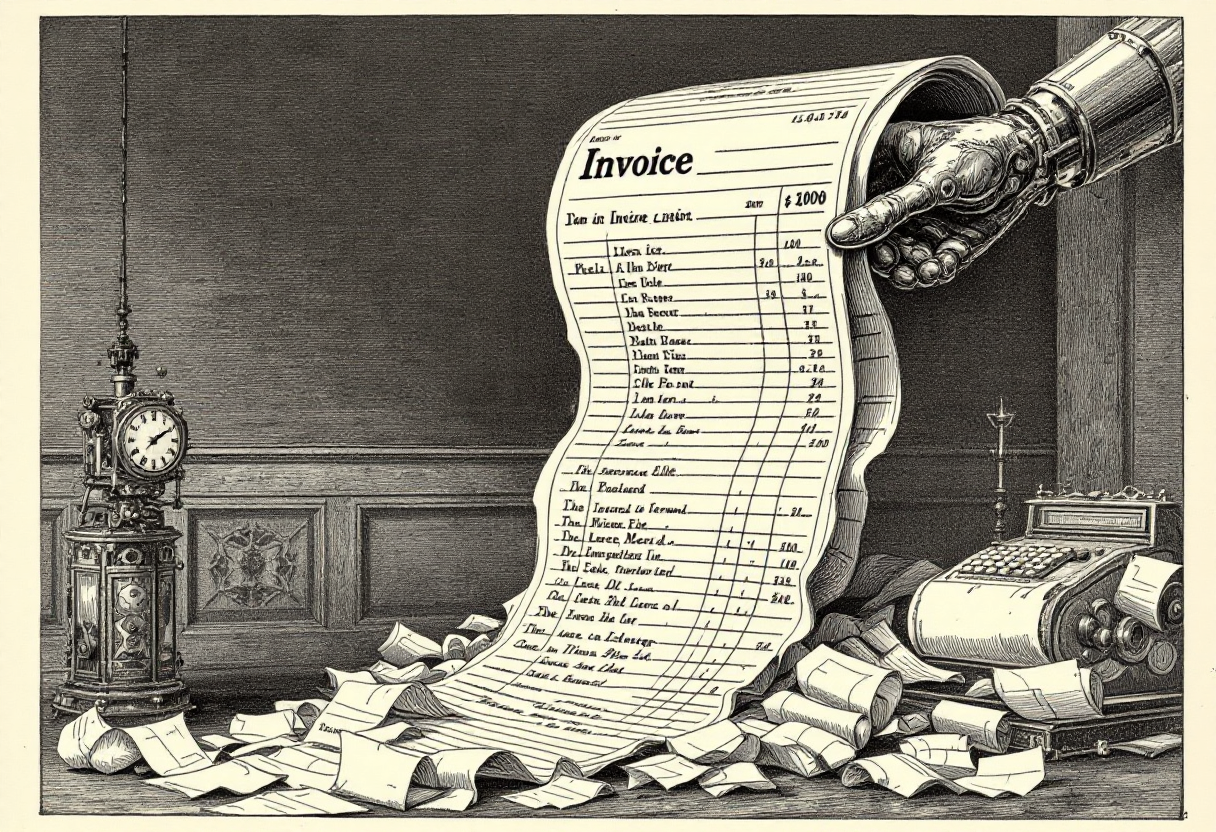 A Victorian wood-engraving: an enormous itemized invoice unfurls from a brass clockwork mechanical hand and cascades across the floor beside an ornate antique cash register. The bill comes due.