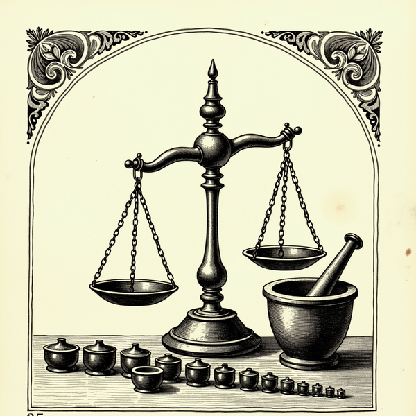 A Victorian engraving of an apothecary&rsquo;s brass balance scale in equilibrium on a workbench, a row of graduated weights beside it.