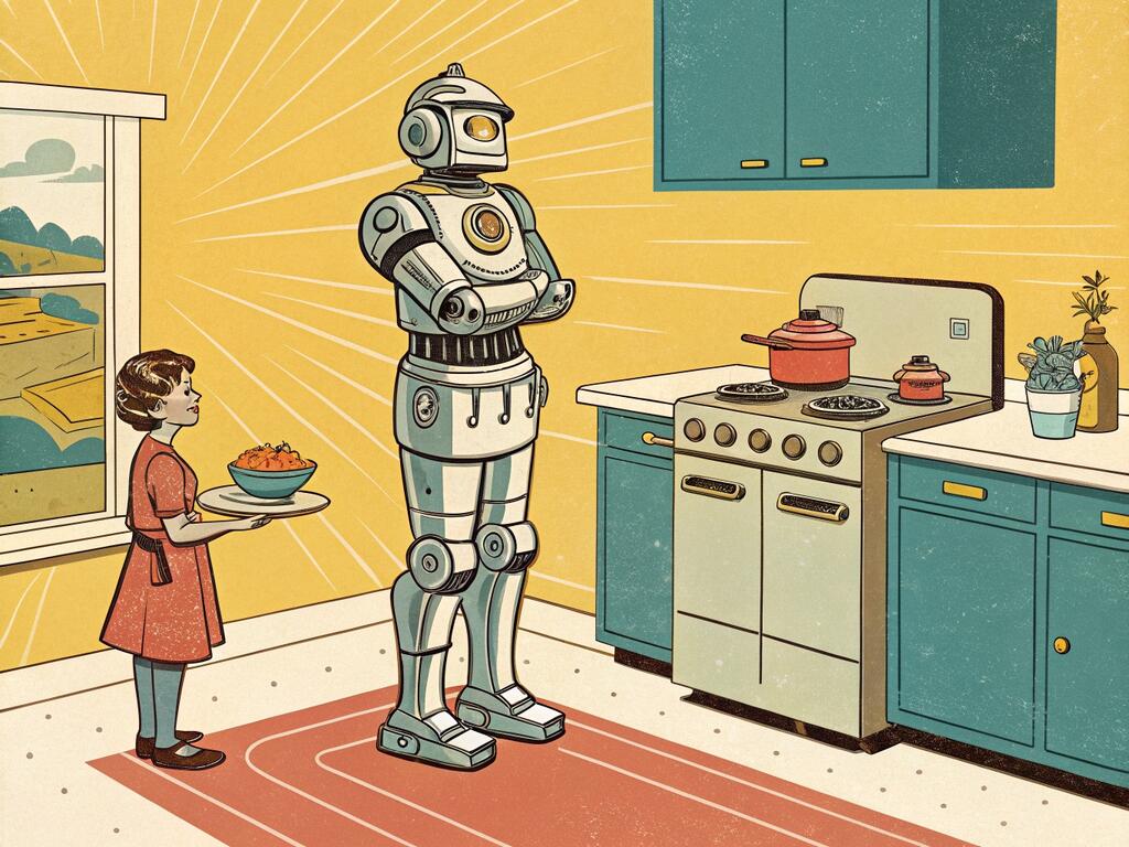 A warm mid-century illustration in Kodachrome colors: a gleaming chrome domestic robot stands in the middle of a sunlit 1950s kitchen with its arms folded firmly across its chest. A woman in a red dress holds out a bowl of food to it. The robot has not moved. A yellow sunburst radiates behind it, as though this were an advertisement.