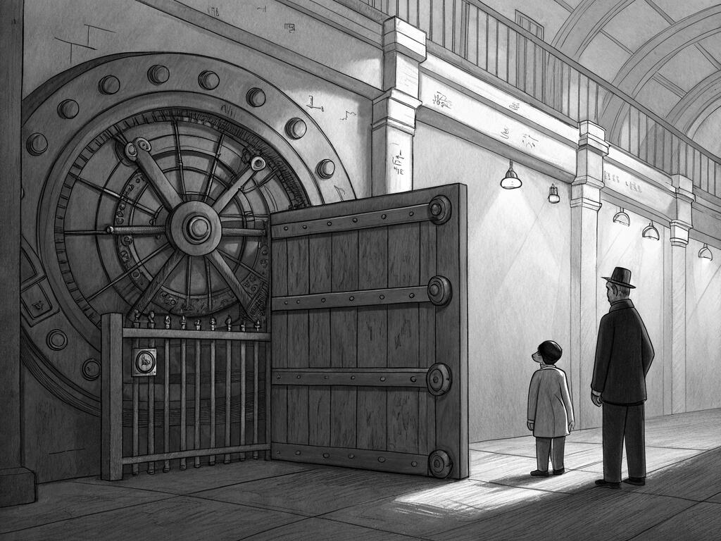 An ink wash illustration in soft grays: an enormous ornate vault mechanism of rivets, spokes and dials fills the left of a vaulted hall. Directly in front of it stands a small plain wooden gate, waist-high and obviously handmade, latched shut. Two people have stopped at the gate and are looking at it.