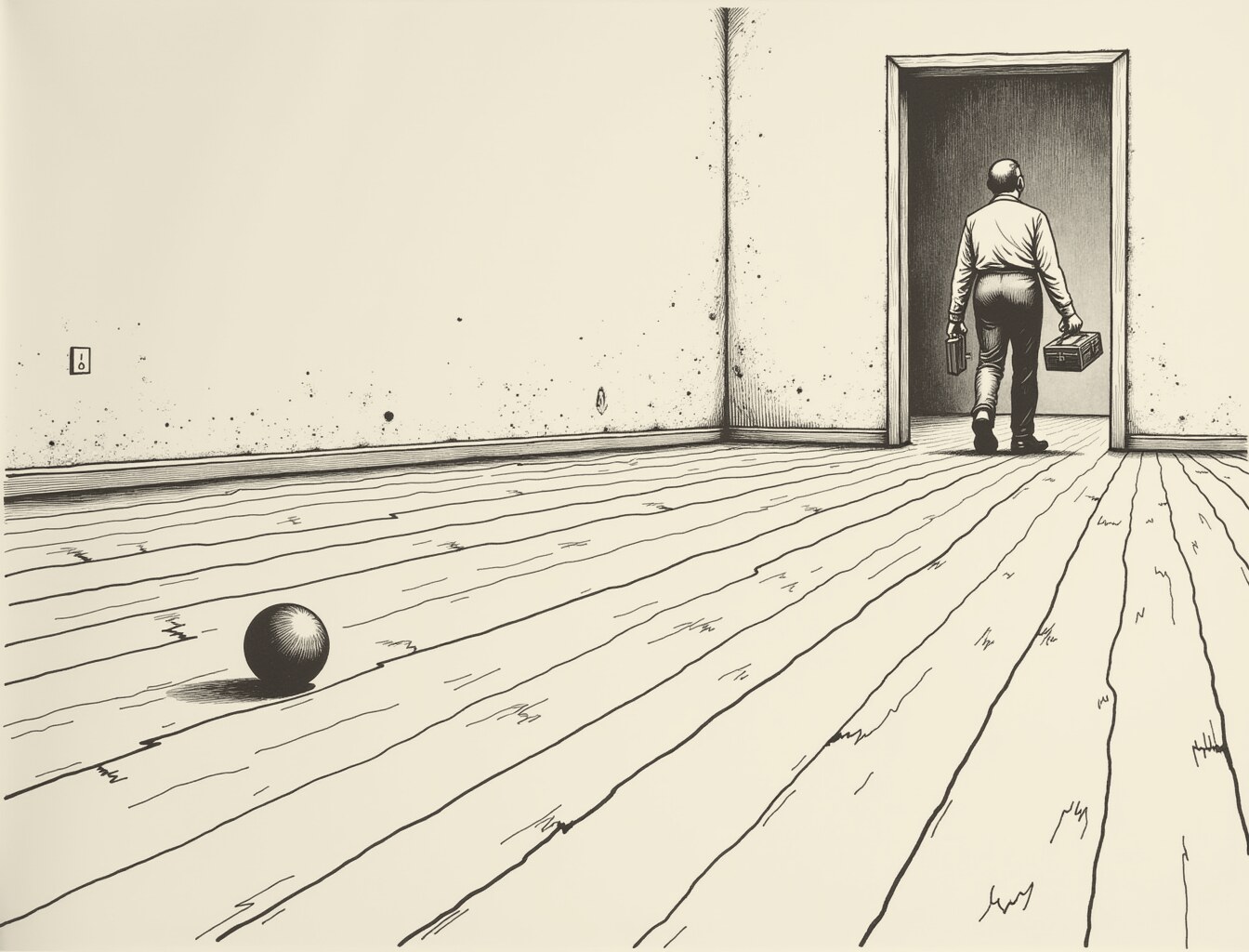A fine-lined ink drawing of an empty room with a bare plank floor. A man in shirtsleeves walks out through the doorway carrying a toolbox, not looking back. Alone on the floor behind him sits a single dark ball, which the floor is not quite level enough to leave where it is.