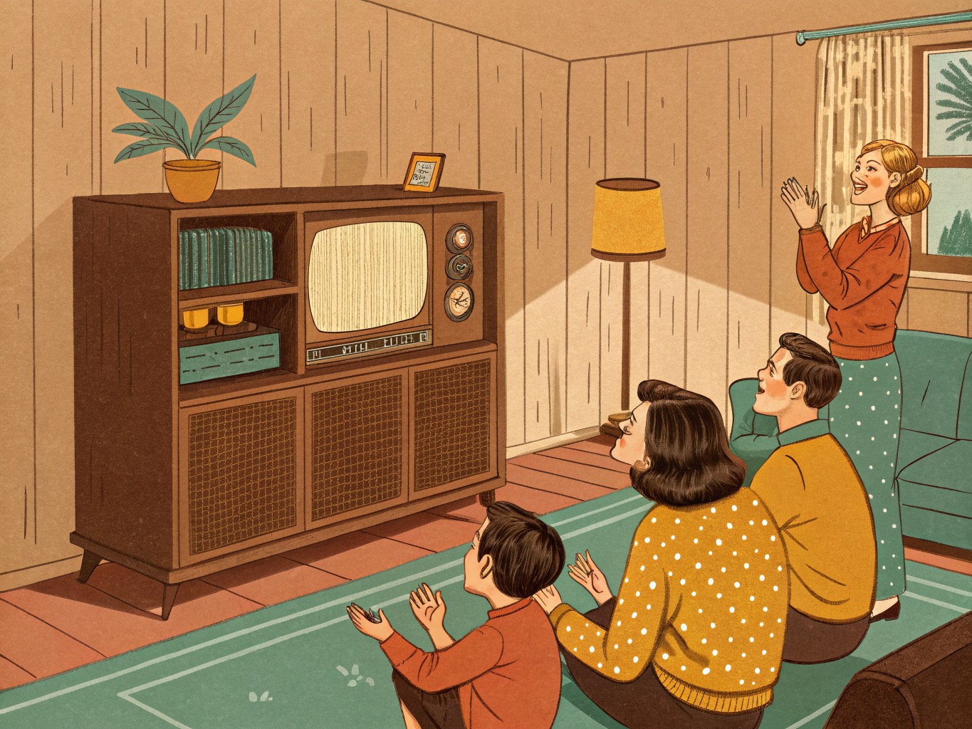 A warm mid-century illustration in Kodachrome colors: a 1950s family in a wood-paneled living room applauds a big console television. A boy on the rug, his parents on the couch behind him, and a woman standing by the window all beam at the set with their hands raised mid-clap. The screen is blank.