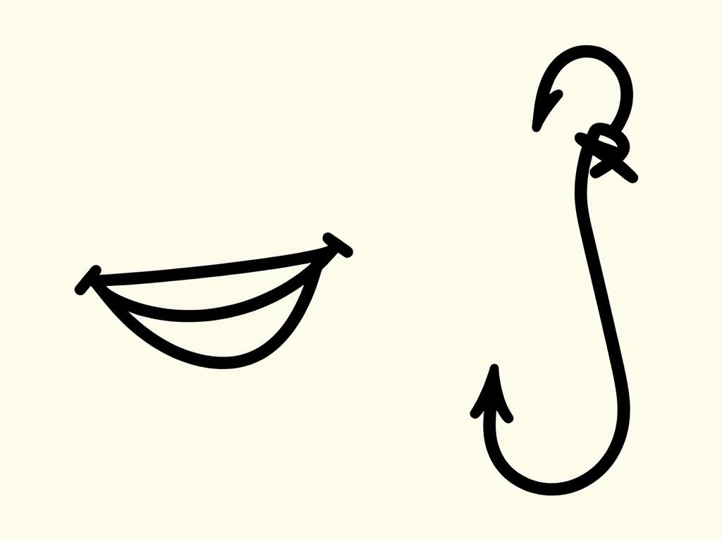 A continuous-line drawing: a smiling mouth beside a barbed fishhook.