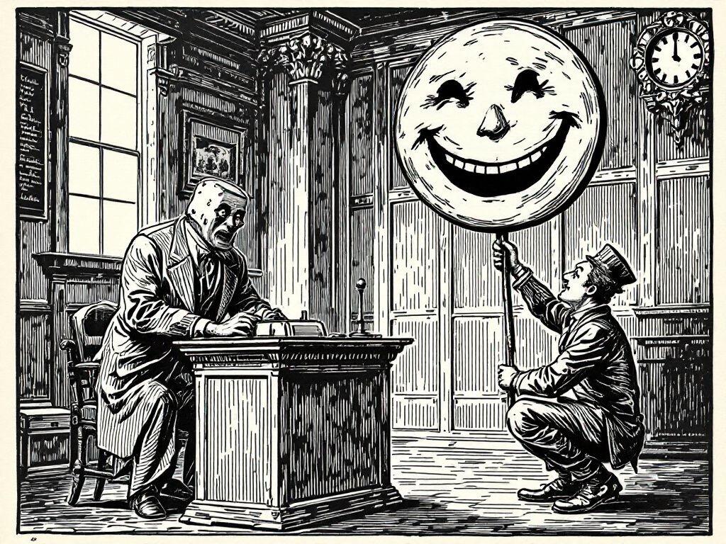 A woodcut engraving: a crouching salesman hoists an enormous grinning smiley face on a stick toward a startled clerk recoiling at his desk.