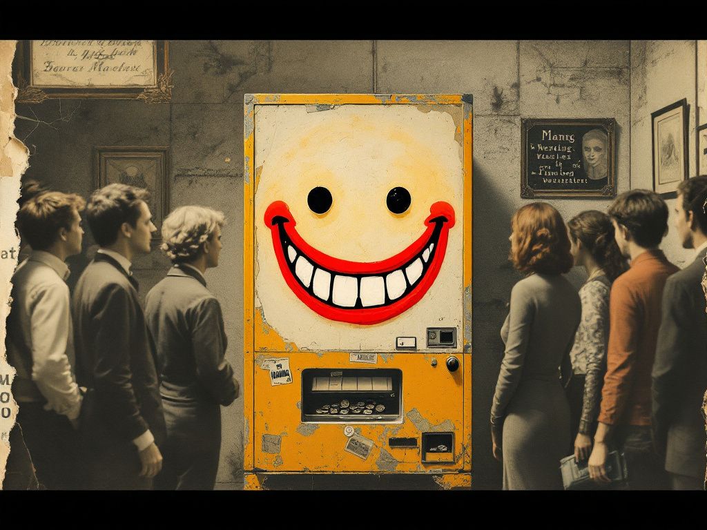 A torn-paper collage: two crowds of vintage-photograph people stand hypnotized before a battered vending machine wearing a huge painted red smile, quietly feeding it coins while it grins back.