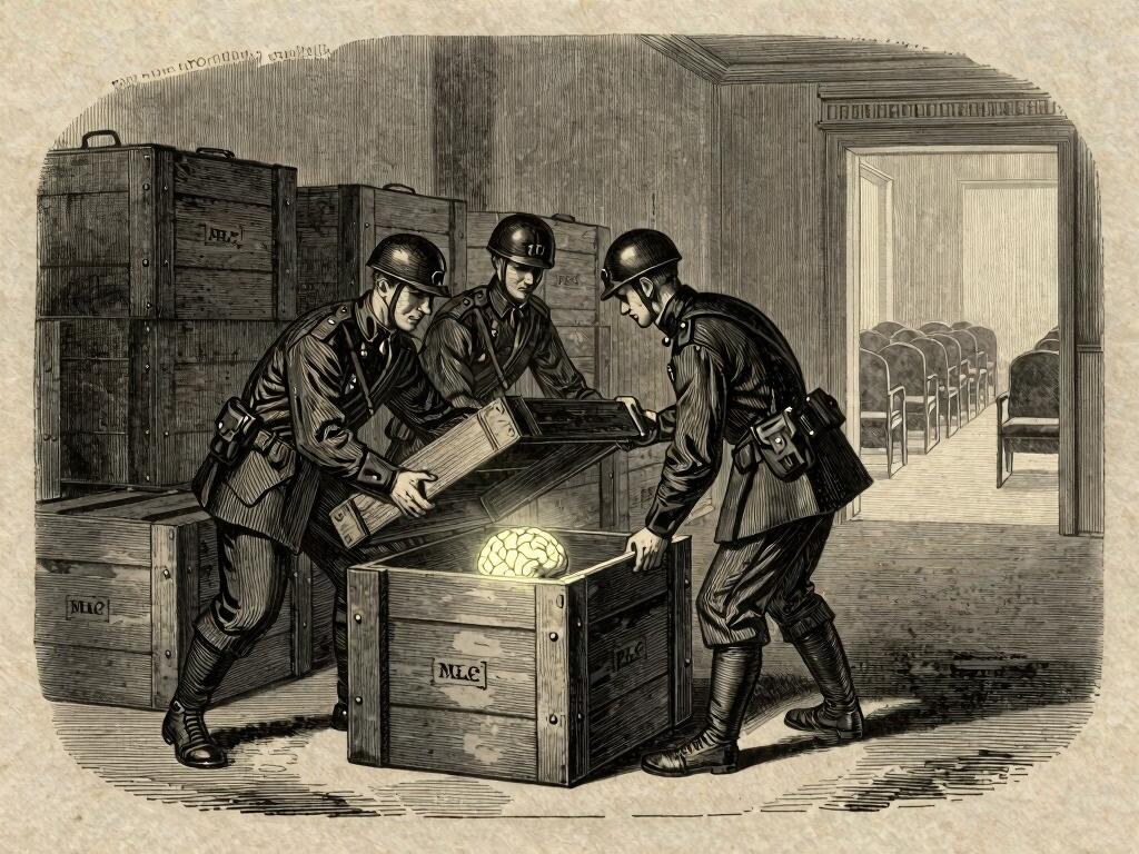 A Victorian wood-engraving: three uniformed soldiers lower the heavy lid onto a wooden munitions crate holding a single glowing human brain, stacked identical crates receding behind them in a dim depot, and through a doorway on the right an empty hearing room with rows of good chairs stands ignored. The mind, crated as ordnance.