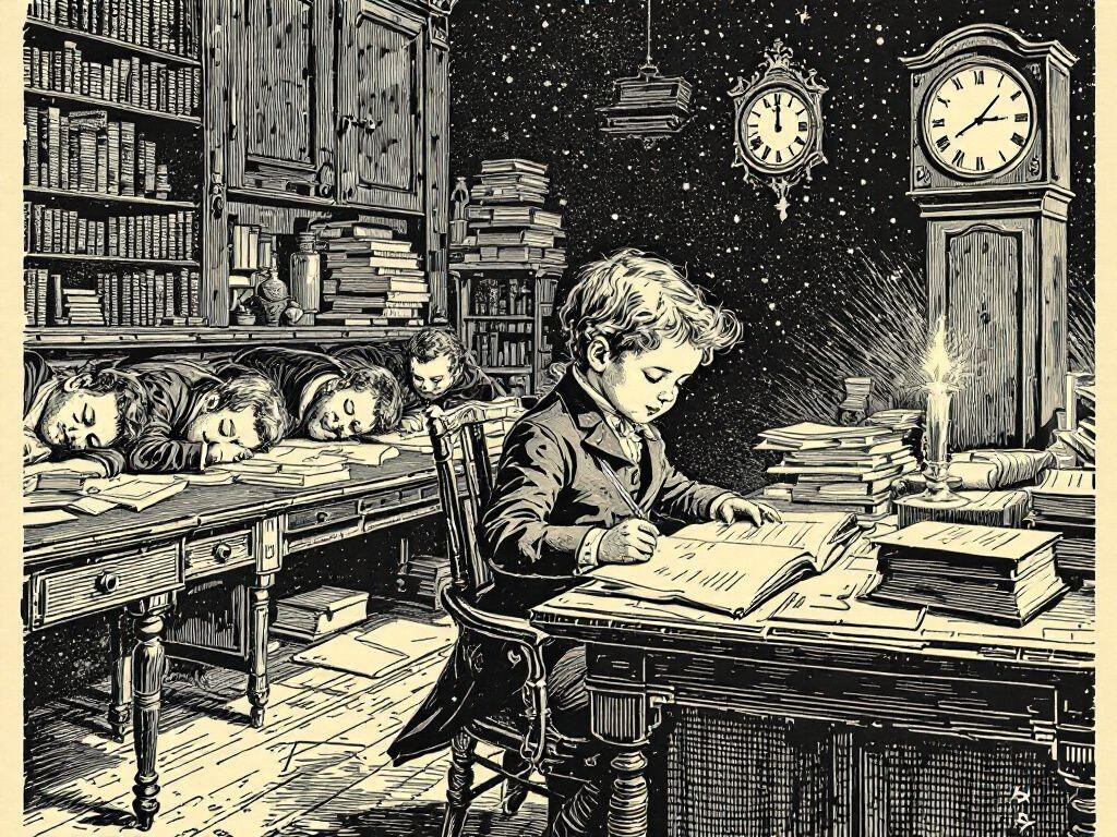 A Victorian woodcut engraving under a starry night sky: a small child writes by candlelight at a book-piled desk, a grandfather clock near midnight beside him, while a row of older students lie fast asleep at the desk behind. The prodigy who doesn't sleep.