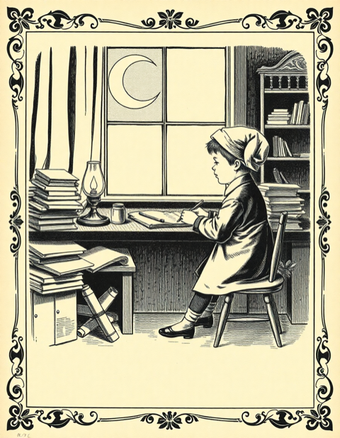 A Victorian woodcut engraving: a small child in a nightcap working by lamplight at a cluttered writing desk, a crescent moon in the window - the prodigy who doesn't sleep.