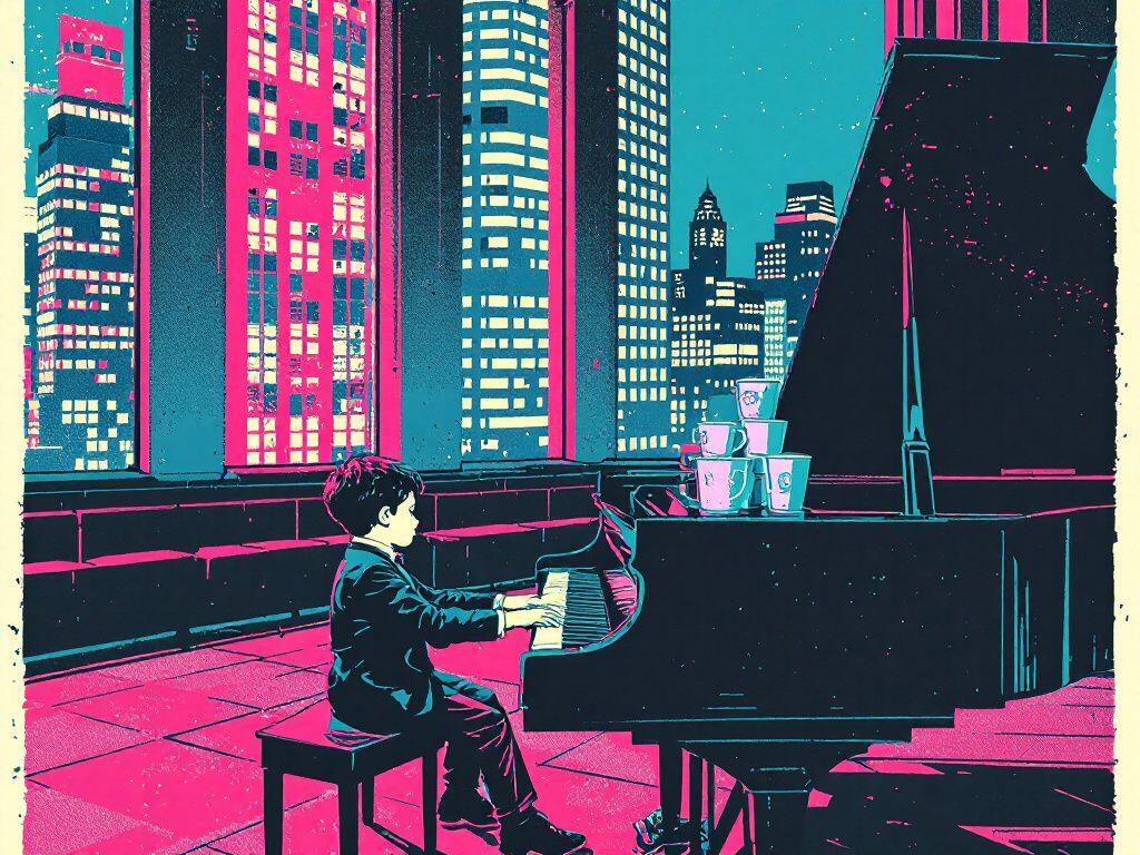 A pink-and-teal risograph print: a small child in a suit plays a grand piano on a rooftop at night, city towers glowing behind, a stack of coffee cups balanced on the piano lid.