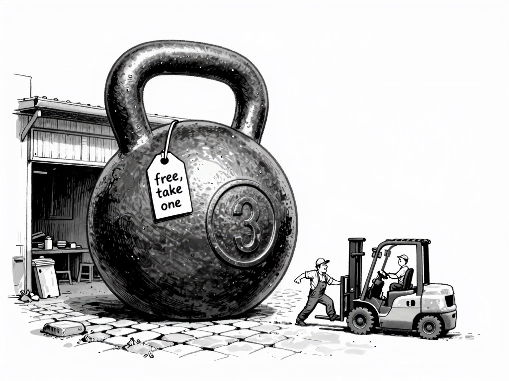 A single-panel cartoon: a cast-iron kettlebell as big as a house, wearing a paper price tag that reads “free, take one,” while a workman and his little forklift stand beside it, both absurdly too small to move it an inch.